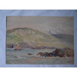 Escena de costa  L.H. Winn. Fechada en 1922. Acuarela inglesa del siglo XIX-XX.