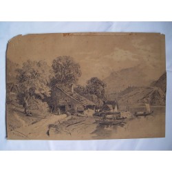 Paisaje. Firmado  R. Wilson. Dibujo de mediados del siglo XIX.