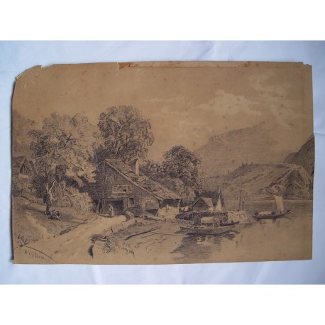 Paisaje. Firmado  R. Wilson. Dibujo de mediados del siglo XIX.