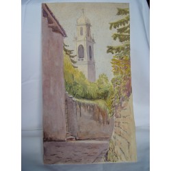 Calle de pueblo y torre. Acuarela de la escuela inglesa del siglo XIX-XX.