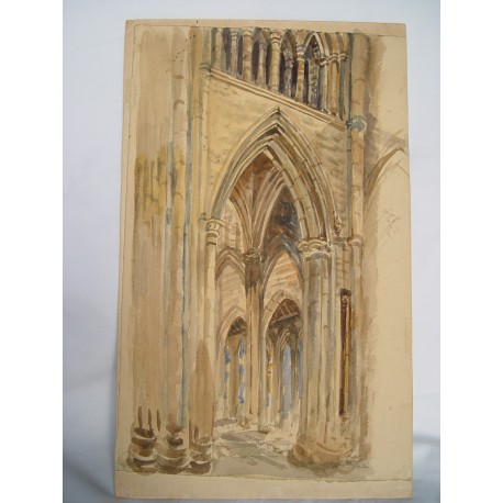 Interior catedral. Acuarela de la escuela inglesa.