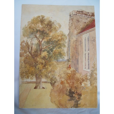 Casa con jardín. Acuarela de la escuela inglesa del siglo XIX-XX.  Firmada iniciales.