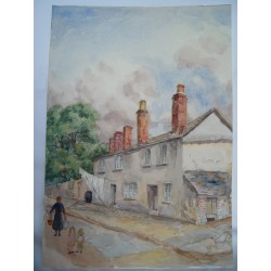 Caserio con figuras Acuarela inglesa del siglo XIX-XX.