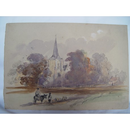 Torre de iglesia y personajes