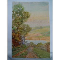 Paisaje y río Acuarela de la escuela inglesa del siglo XIX-XX. Apunte al dorso.