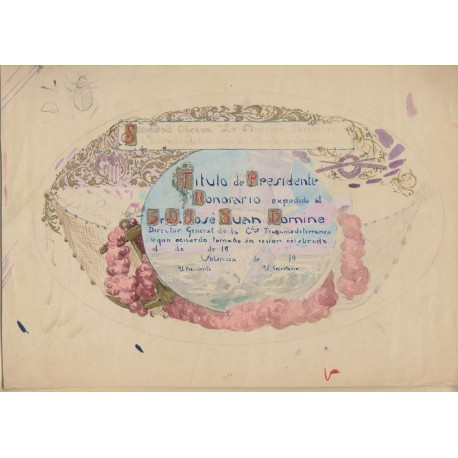 Boceto para un título de Presidente Honorario expedido a D. José Juan Dómine  Director general de la Compañía Transmediterránea´