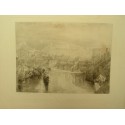 Vista del Tíber con Puente Triunfal (Roma, Italia), a partir de obra de Turner. Grabado antiguo, 1878