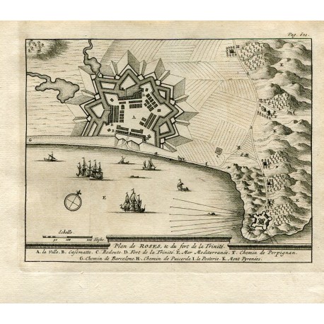 Gerona. Plano de Roses & du fort de la Trinité. Grabado por Pieter van der Aa en 1707