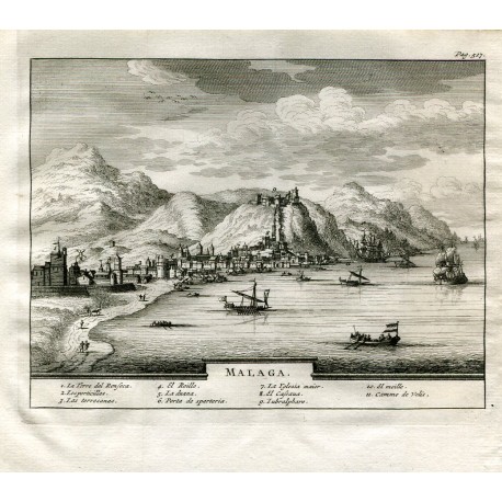 Plano de Malaga. Grabado por Pieter van der Aa en 1707