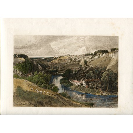 Inglaterra. Knaresborough. Rio, grabado por Bernard Evans, 1890