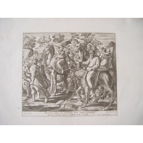 Impositis liberis et coniugieus super camelos gregieusq grabado por Cesar Fantetti