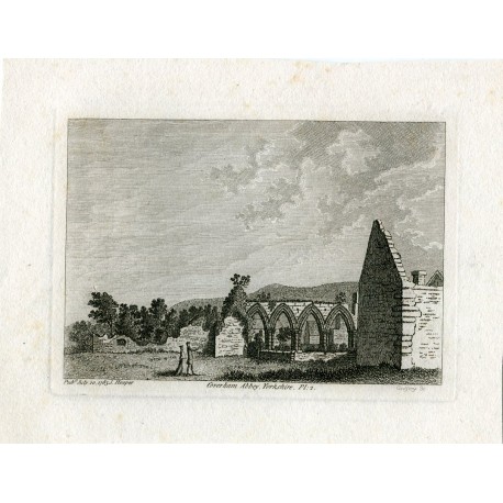 Inglaterra. Coverham Abbey, Yorkshire grabado por Godfrey y publicado en 1785 por S. Hooper