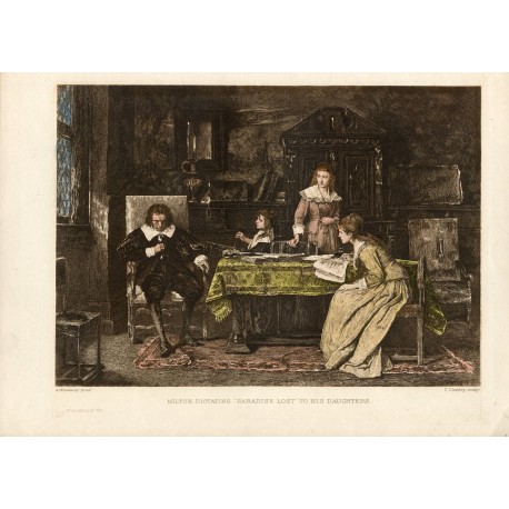 Milton dictating paradise lost to his daugthers grabado por C. Courtry sobre obra de A. Munkacsy