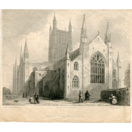 Worcester Cathedral grabado en 1838 por Winkles de un dibujo de Benjamin Baud