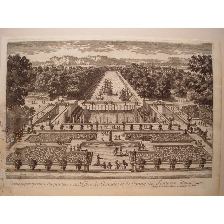 «Veue  du parterre du Jybre des Cascades et de l´Etang de Fontaine-bleau». Dib..y grabó Pierre Aveline (París,1656-1722).