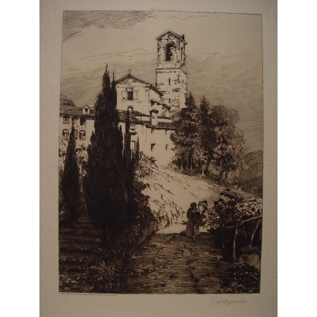 Suiza. «Castagnola» Dibujó y grabó F. Mabel C. Robinson conocida como . Mabel Catherine Robinson Barnes.