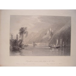 Alemania. «Stolzenfels, an ancient robber-fortrefs, on the Rhin» Pintó William Henry Bartlett (1809-1854). Grabó S. Lacey.
