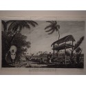 Un monumento funerario (Toupapow) con un cadáver (Tahití), en honor a William Hodges. Guillermo Woollett (1777)