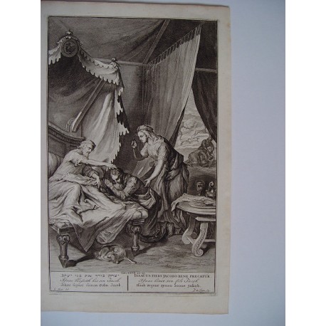 «Isaac bendice a su hijo Jacob» Grabado bíblico original por gerard Hoet (1648-1733), grabado por J. de Later