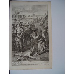 Samuel hew's Agag in pieces befote the lord at Gilgal. Grabado bíblico por Gerard Hoet (1648-1733), grabado por J. van Vianen