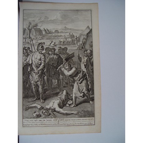 Samuel hew's Agag in pieces befote the lord at Gilgal. Grabado bíblico por Gerard Hoet (1648-1733), grabado por J. van Vianen