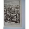 The israelitas gather manna in the Wildernesse. Grabado bíblico original por Gerard Hoet (1648-1733), grabado por J. Mulder.