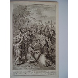 «Josep» s cup is found in benjamin» s sack». Grabado bíblico original por Gerard Hoet (1648-1733).