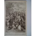 Josep. s cup is found in benjamin. s sack. Grabado bíblico original por Gerard Hoet (1648-1733).