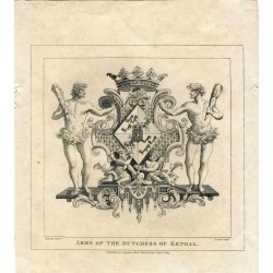 Grabado Arms of the Dutchess of Kendal. grabdo por T. Cook sobre obra de Hogarth