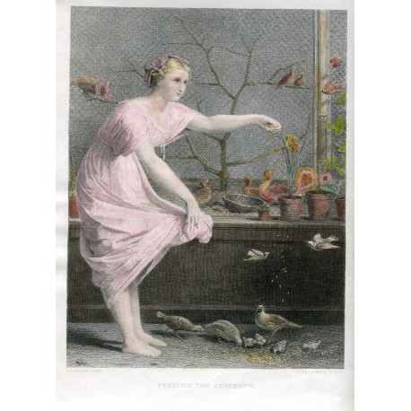 «Feeding the chickens» grabado por J.Levasseur sobre obra de J.L. Hamon