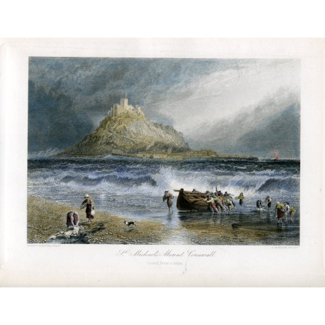 Inglaterra. Cornwall. «St. Michael» s Mount  grabado  by J. Saddler sobre obra de Birket Foster