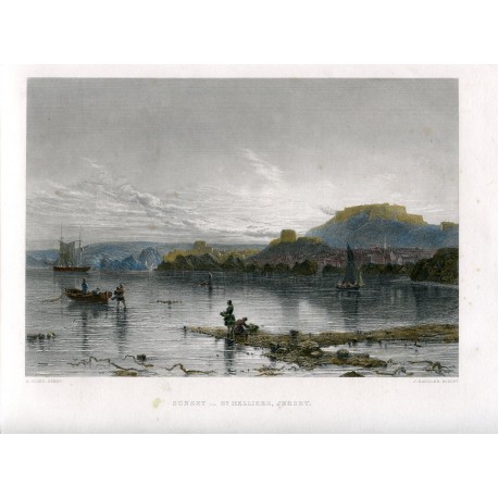 Inglaterra. Jersey. «Sunset St. Helliers» grabado en 1860 por J. Saddler sobre obra de A. Clint