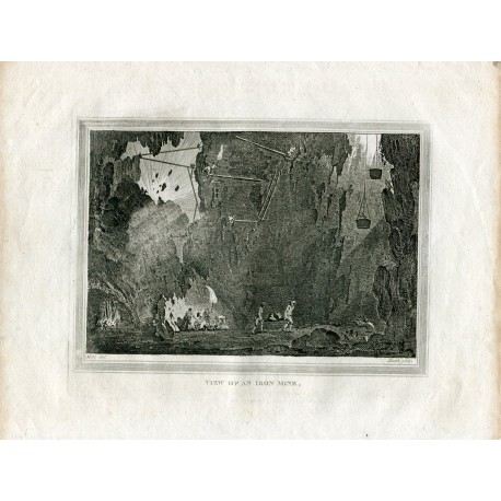 «View of an iron mine» grabado por Heath sobre obra de Conrard Martín Metz en 1785